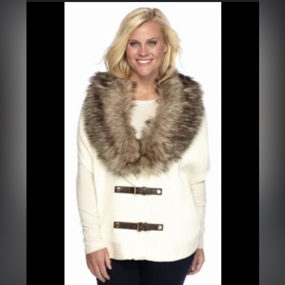 Michael Kors Faux fur knit poncho removable collar cream and brown size M